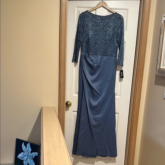 SLNY Dresses & Skirts - SLNY Blue Ruched Embellished Long Sleeve Gown